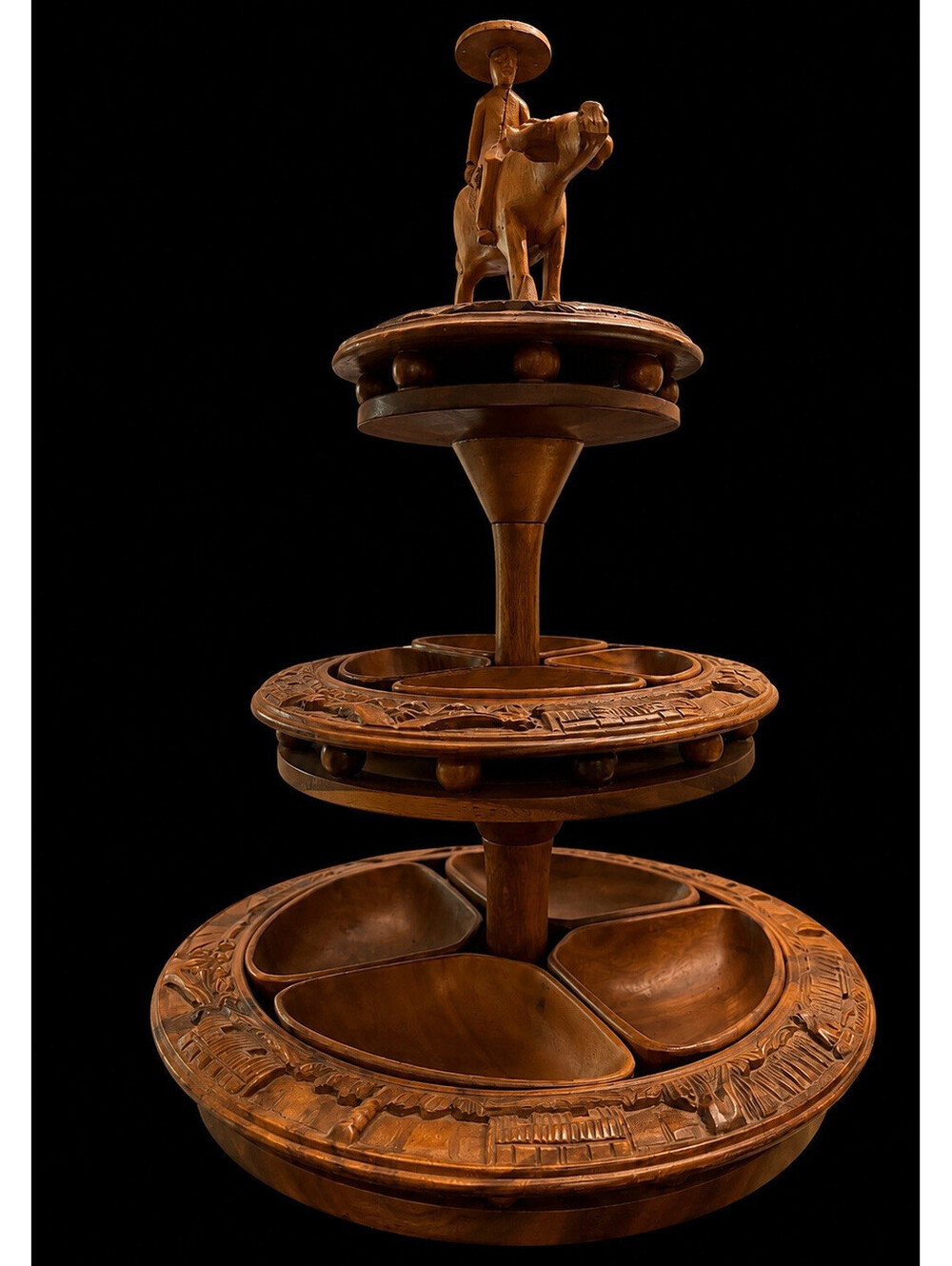 Vintage 3-Tier Round Carved Wood Serving Tray, Animal Topper, 3 Compartments
